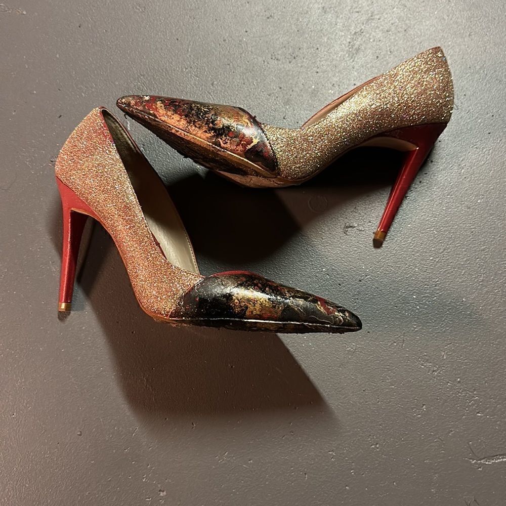 Size 41 (9) Custom Upcycled Red + Gold Glitter Zara Stilettos - Picture 2 of 4